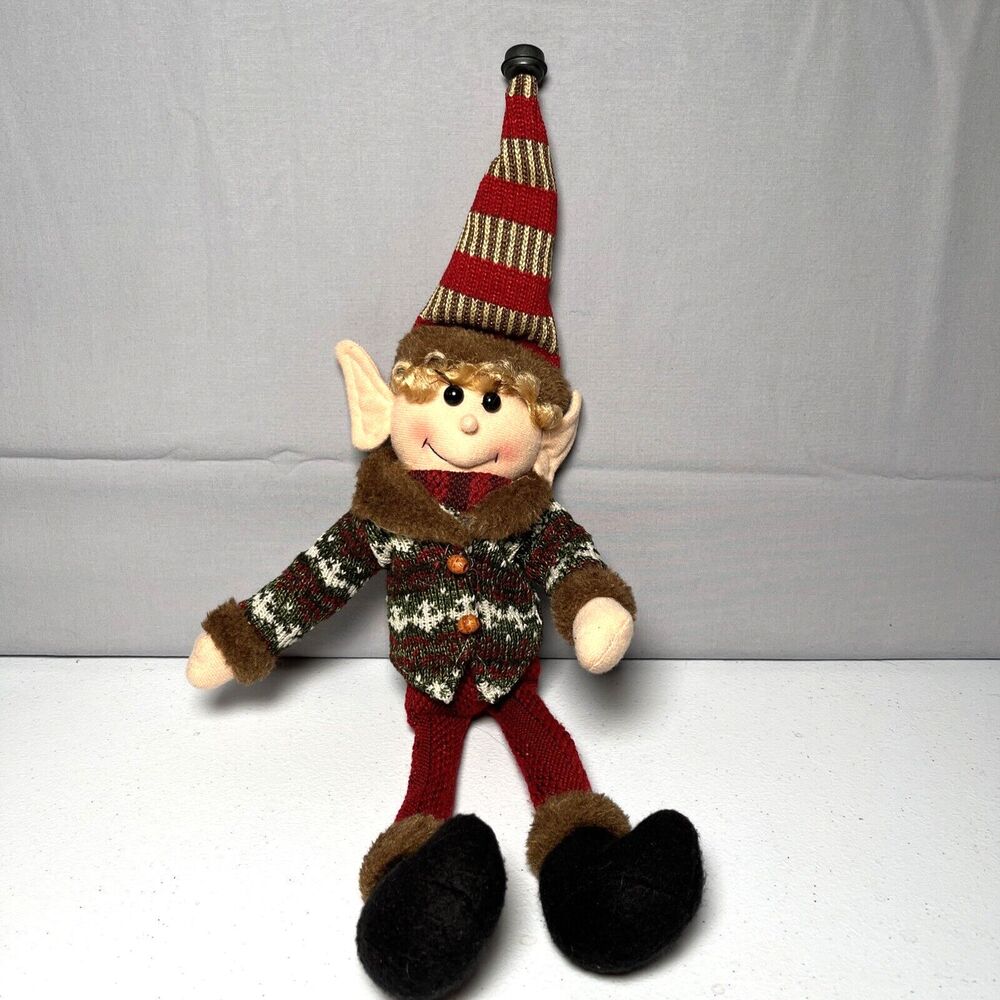 Vintage Christmas Bendable Wired Pixie Elf Fabric Sweater Ornament 14" NICE!
